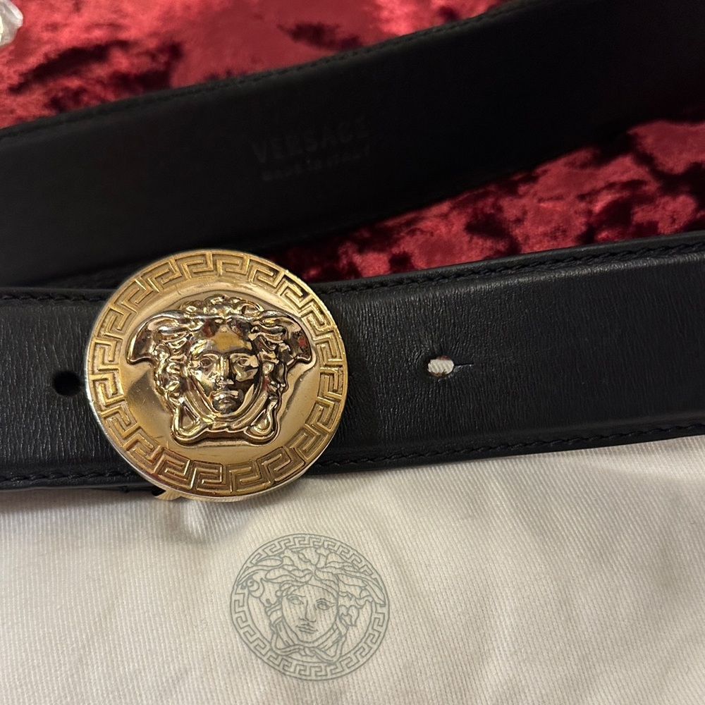 Versace Black Belt with Gold Medusa Buckle